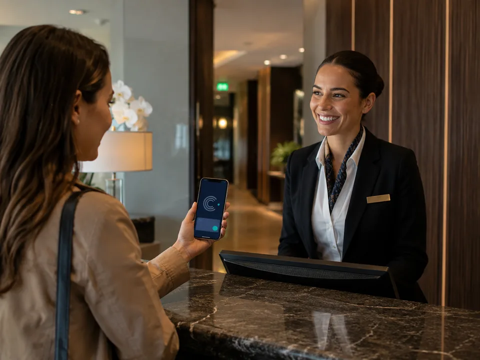 A holder presents a credential from their phone to a receptionist.